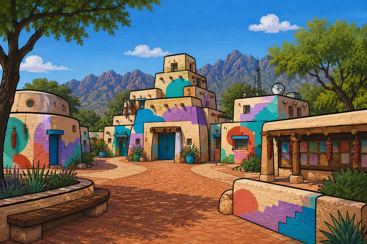 Painted plaza of hand-built adobe huts under the Organ Mountains: a round archive hut at the left, a tall stepped Pueblo-style build-out at the centre, a radio adobe under an antenna, and a covered arcade of posted notices at the right, all washed in coral, turquoise and lavender murals.